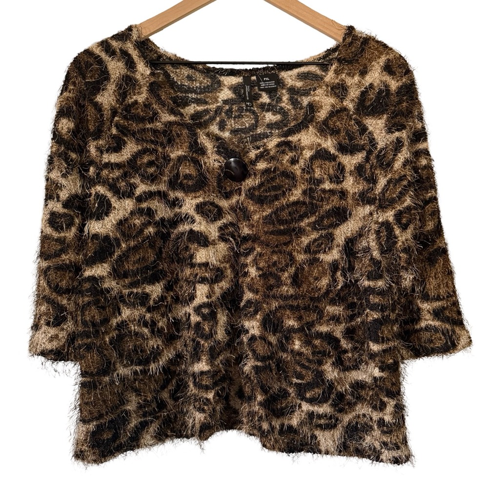 New Directions Womens PXL Leopard Print Fuzzy Eyelash Cardigan Sweater Brown